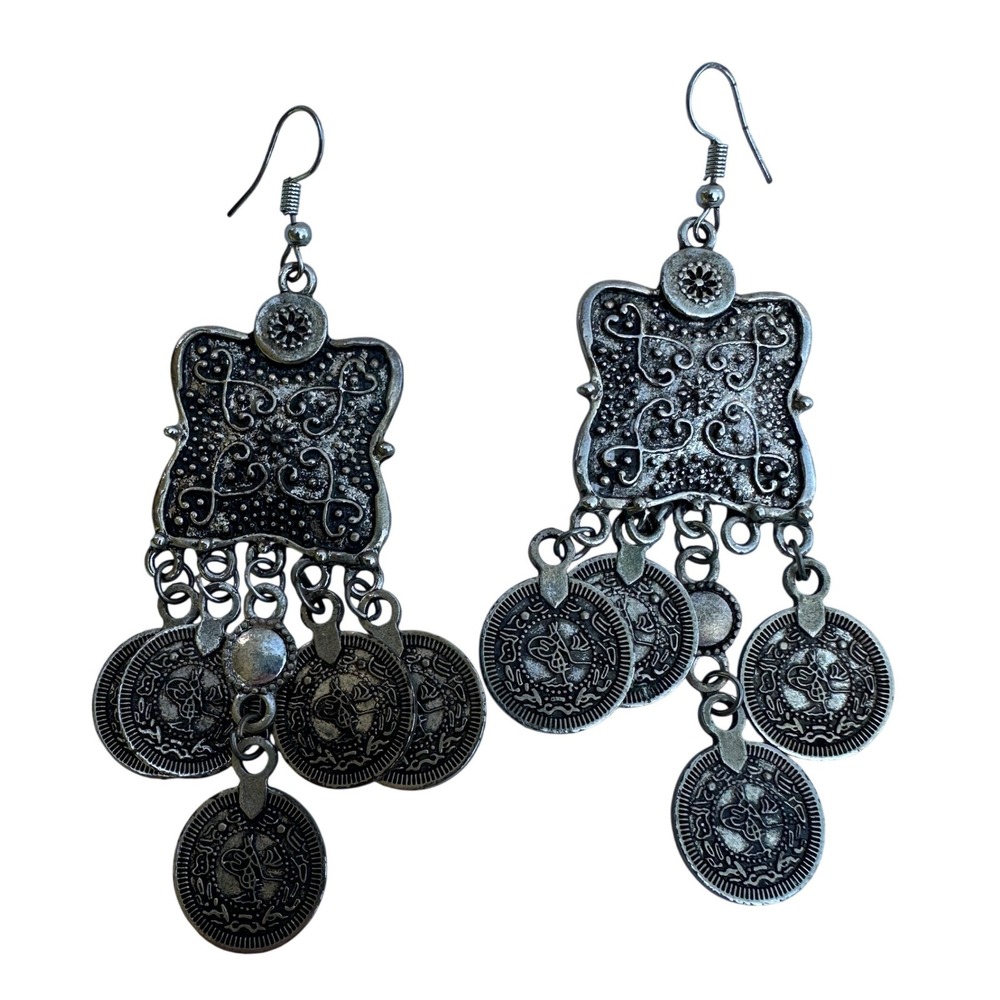 Silver Tone Antique Style Coin‎ Chandelier Dangle Earrings Boho Statement